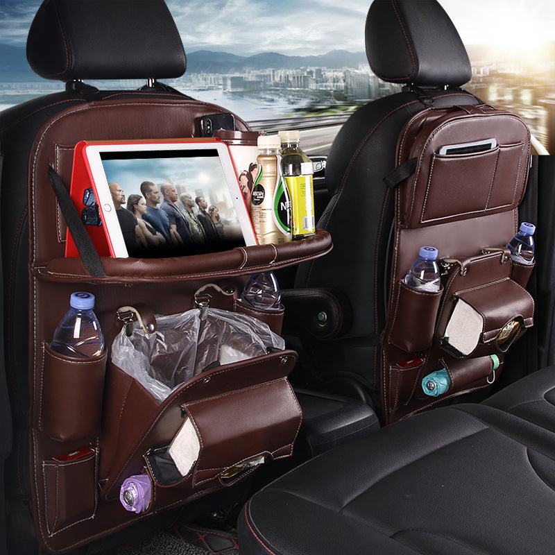 Leather Car Storage Bag Multifunction Seat Back Tray Hanging Bag Waterproof Car Organizer