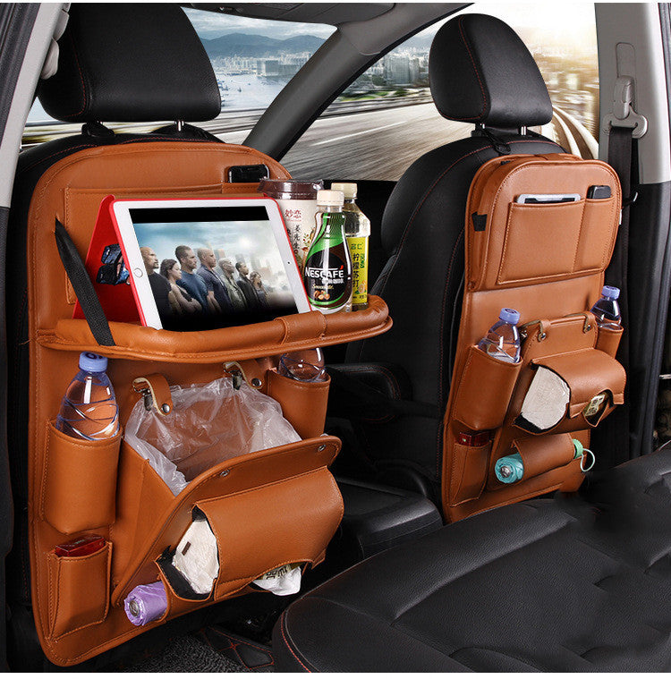 Leather Car Storage Bag Multifunction Seat Back Tray Hanging Bag Waterproof Car Organizer