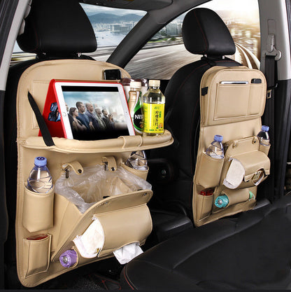 Leather Car Storage Bag Multifunction Seat Back Tray Hanging Bag Waterproof Car Organizer